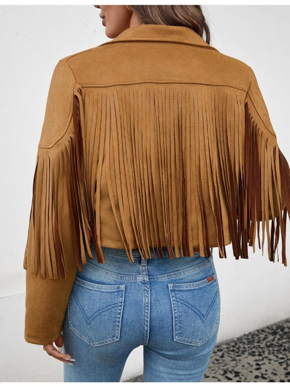 Women's Tan Suede Leather Tassel Jackets With Lining Cropped Fringe 80s Coats - Picture 2 of 6